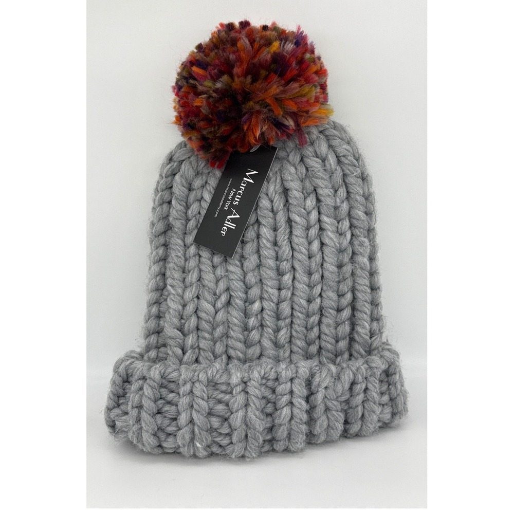 Marcus Adler New York Gray Chunky Knit Beanie Hat Multi-Color Pom Pom NWT